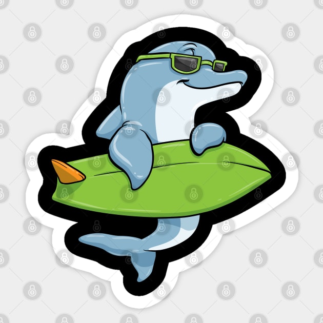 Dolphin with sunglasses as surfer with surfboard Sticker by Markus Schnabel